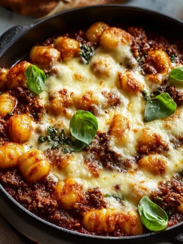 A cast iron skillet filled with a hearty cheesy bolognese gnocchi bake, featuring golden pillowy gnocchi nestled in a rich deep red meat sauce, blanketed with bubbling golden-browned melted mozzarella cheese and garnished with fresh whole basil leaves, with a small bowl and rustic bread partially visible in the softly blurred background.