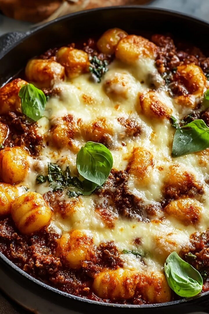 A cast iron skillet filled with a hearty cheesy bolognese gnocchi bake, featuring golden pillowy gnocchi nestled in a rich deep red meat sauce, blanketed with bubbling golden-browned melted mozzarella cheese and garnished with fresh whole basil leaves, with a small bowl and rustic bread partially visible in the softly blurred background.