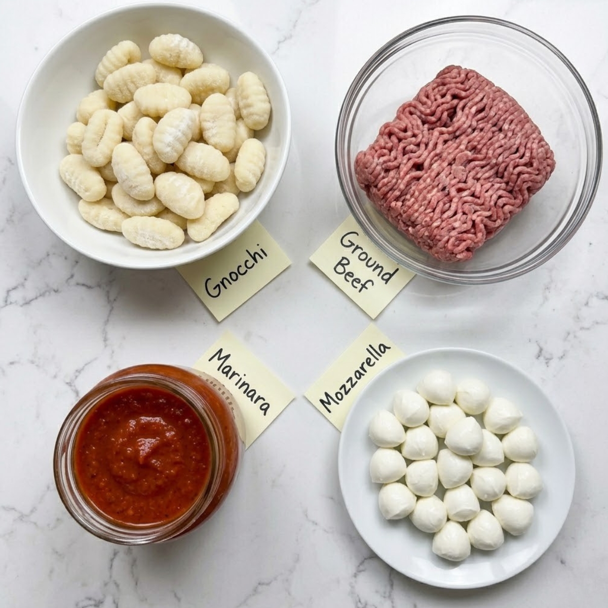 Tight knolling of gnocchi, ground beef, and marinara with labels on a marble surface.