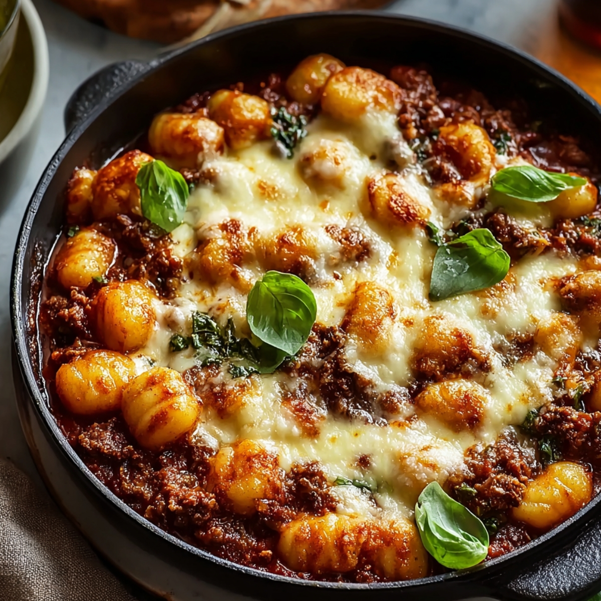 A cast iron skillet filled with a hearty cheesy bolognese gnocchi bake, featuring golden pillowy gnocchi nestled in a rich deep red meat sauce, blanketed with bubbling golden-browned melted mozzarella cheese and garnished with fresh whole basil leaves, with a small bowl and rustic bread partially visible in the softly blurred background.