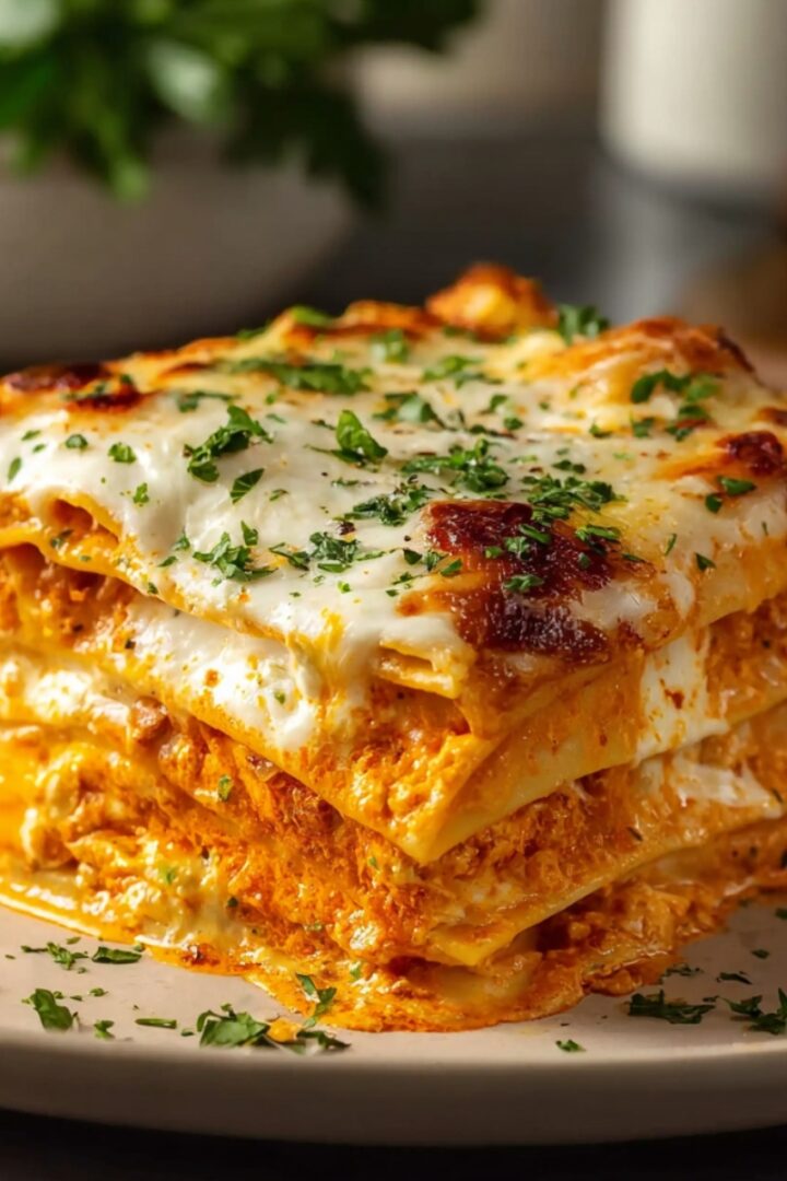 A towering square slice of cheesy buffalo ranch chicken lasagna on a beige ceramic plate, showing multiple distinct layers of pasta sheets alternating with vibrant orange buffalo ranch chicken filling and creamy white cheese sauce, topped with a golden bubbly melted mozzarella crust garnished with chopped fresh parsley, with a bowl of fresh herbs and a white ceramic container softly blurred in the background.