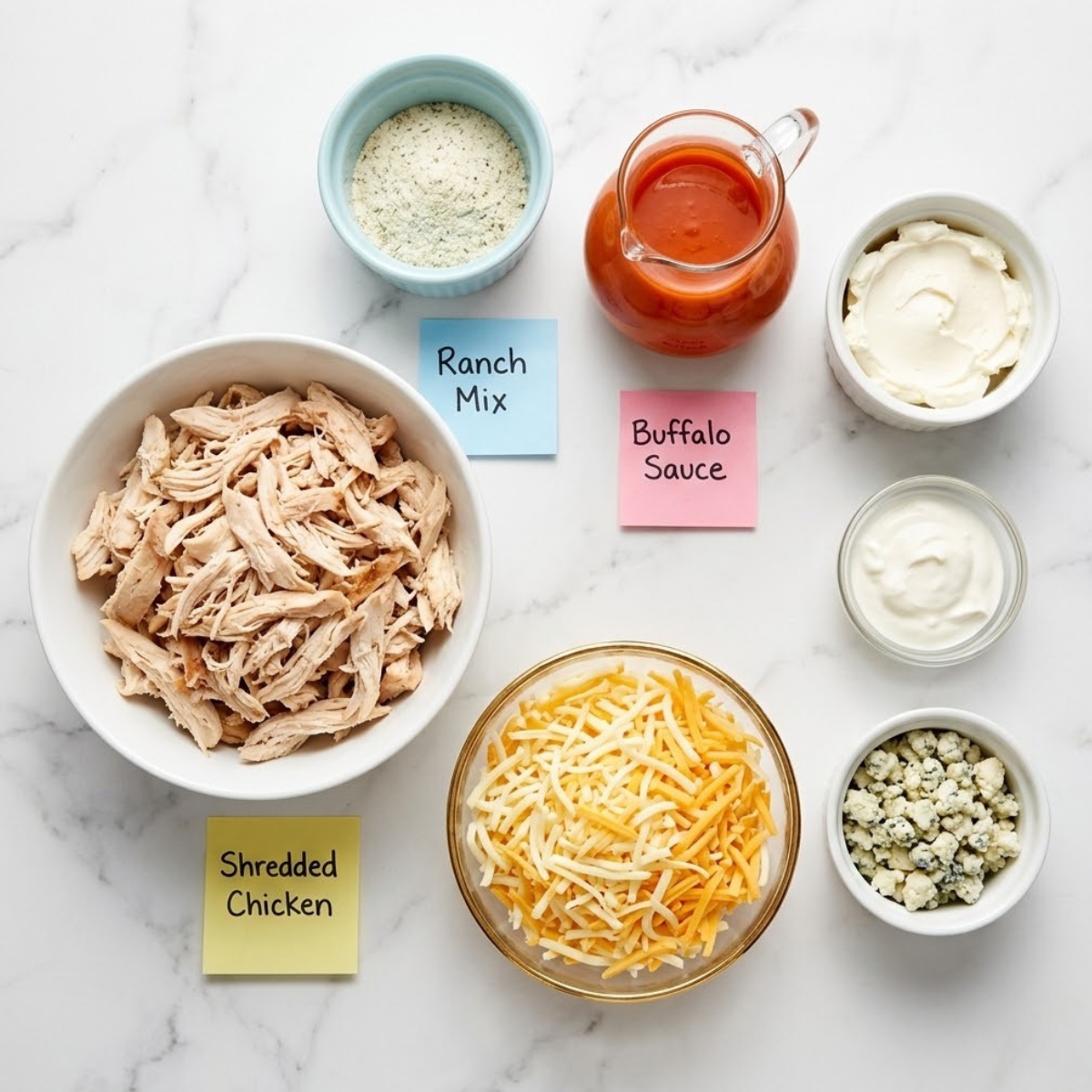 Overhead flat lay of buffalo lasagna ingredients in bowls and ramekins on a marble counter with handwritten sticky notes