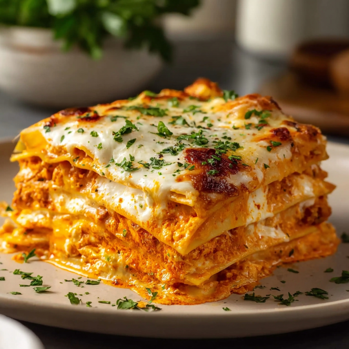 A towering square slice of cheesy buffalo ranch chicken lasagna on a beige ceramic plate, showing multiple distinct layers of pasta sheets alternating with vibrant orange buffalo ranch chicken filling and creamy white cheese sauce, topped with a golden bubbly melted mozzarella crust garnished with chopped fresh parsley, with a bowl of fresh herbs and a white ceramic container softly blurred in the background.