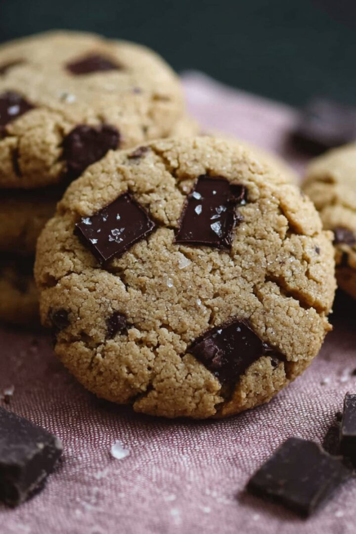 Close-up of three golden-brown chocolate chip protein cookies studded with large dark chocolate chunks and sprinkled with flaky sea salt, arranged on a dusty pink linen with extra dark chocolate pieces scattered around, against a dark green background.