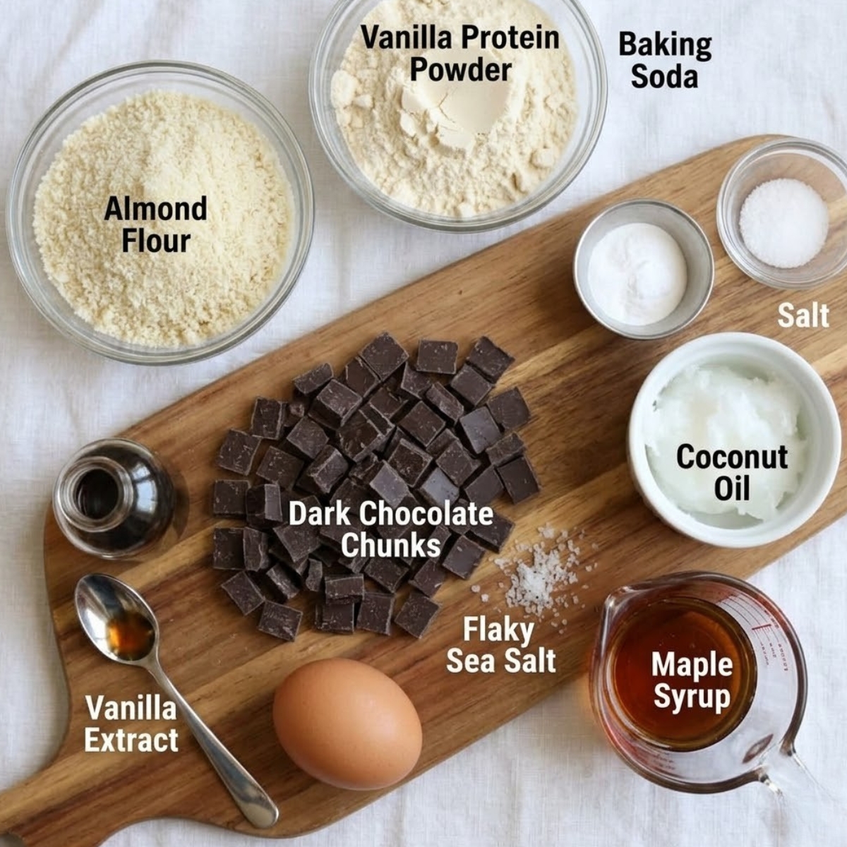 A neat overhead flat-lay composition showing almond flour, vanilla protein powder, coconut oil, maple syrup, egg, vanilla extract, baking soda, fine salt, dark chocolate chunks, and flaky sea salt arranged on a linen surface.