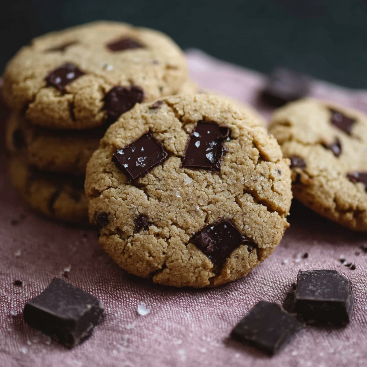 Close-up of three golden-brown chocolate chip protein cookies studded with large dark chocolate chunks and sprinkled with flaky sea salt, arranged on a dusty pink linen with extra dark chocolate pieces scattered around, against a dark green background.