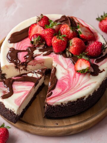 A sliced Chocolate and Strawberry Swirl Cheesecake with a chocolate cookie crust, pink strawberry swirl filling, chocolate drizzle, and fresh strawberries on top, served on a wooden board.