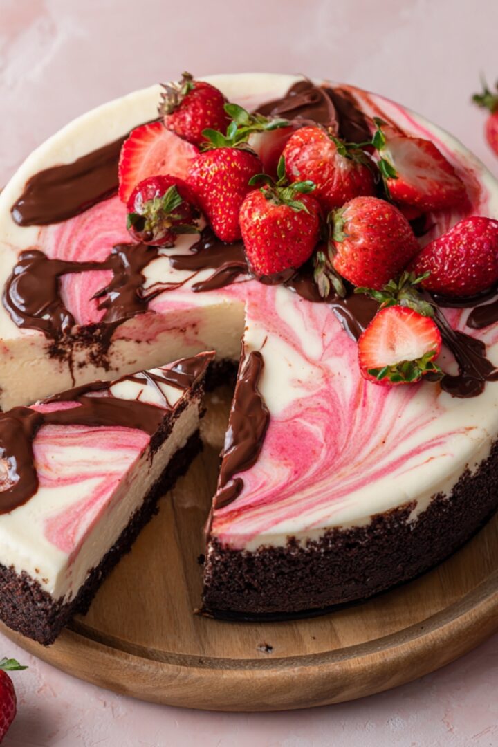 A sliced Chocolate and Strawberry Swirl Cheesecake with a chocolate cookie crust, pink strawberry swirl filling, chocolate drizzle, and fresh strawberries on top, served on a wooden board.