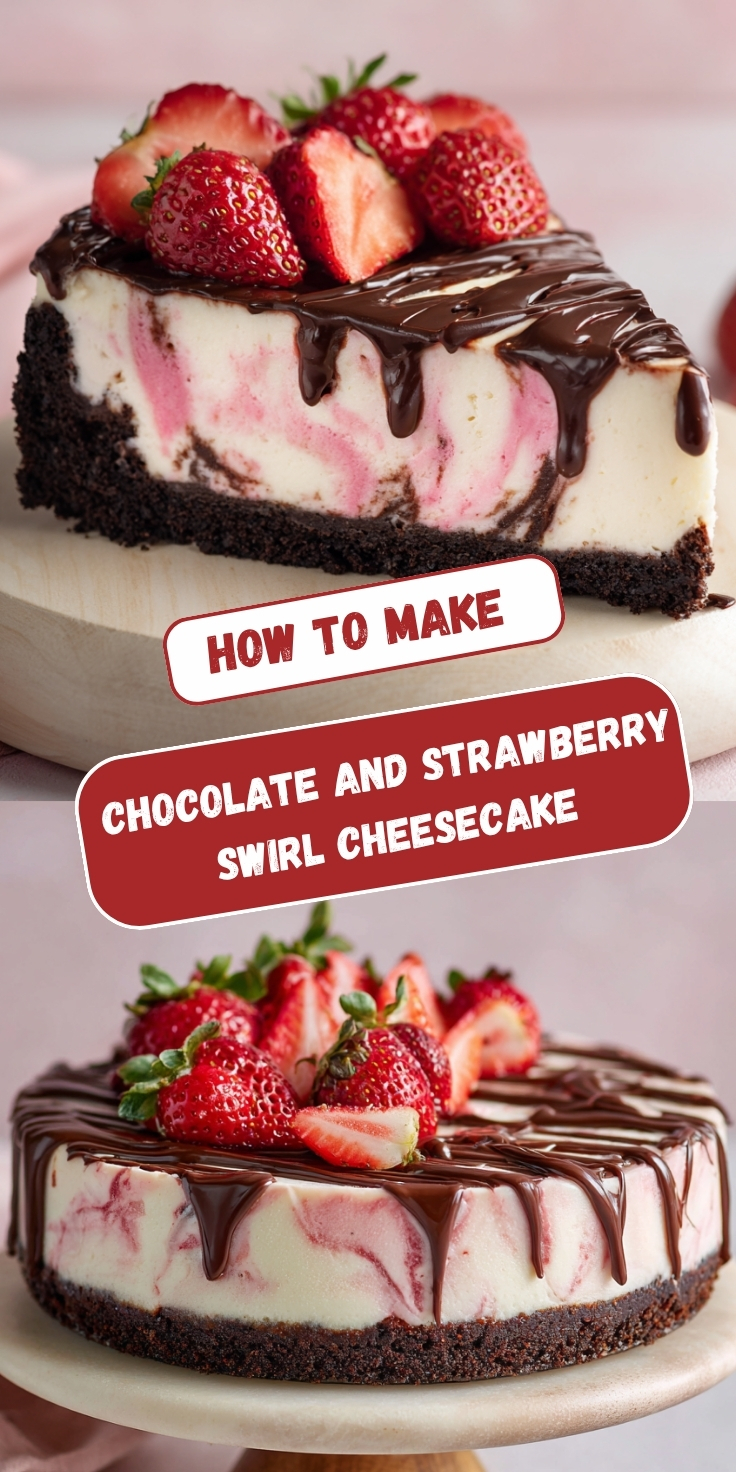 Two views of a Chocolate and Strawberry Swirl Cheesecake with a chocolate cookie crust, pink strawberry swirl filling, chocolate drizzle, and fresh strawberries on top.