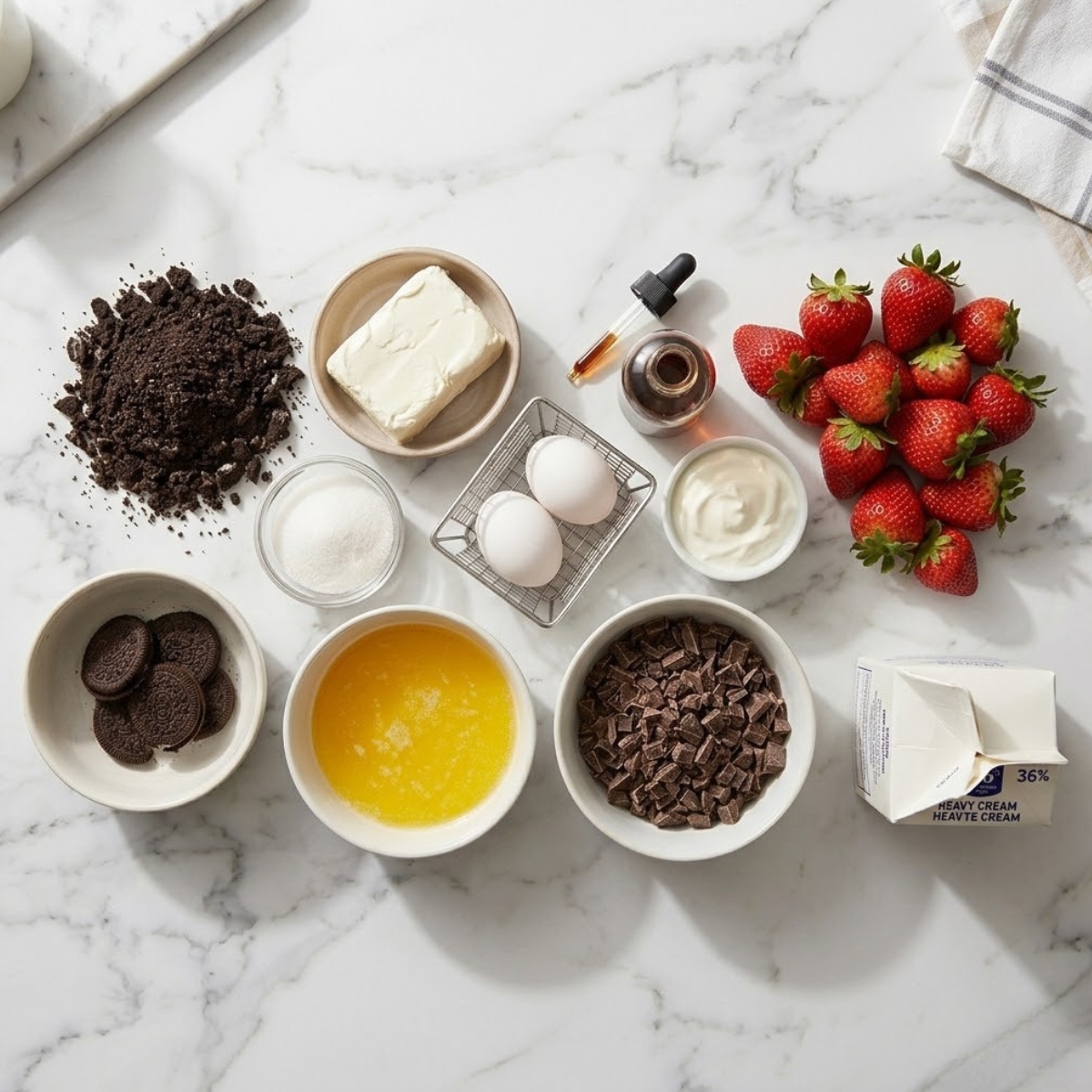 An overhead photograph showing neat piles of Oreo cookie crumbs, softened cream cheese blocks, fresh whole strawberries with green stems, melted butter, granulated sugar, large eggs, sour cream, a jar of vanilla extract, and a bowl of dark chocolate chunks with a carton of heavy cream, all arranged on the gold wooden serving board seen in image_20.png.