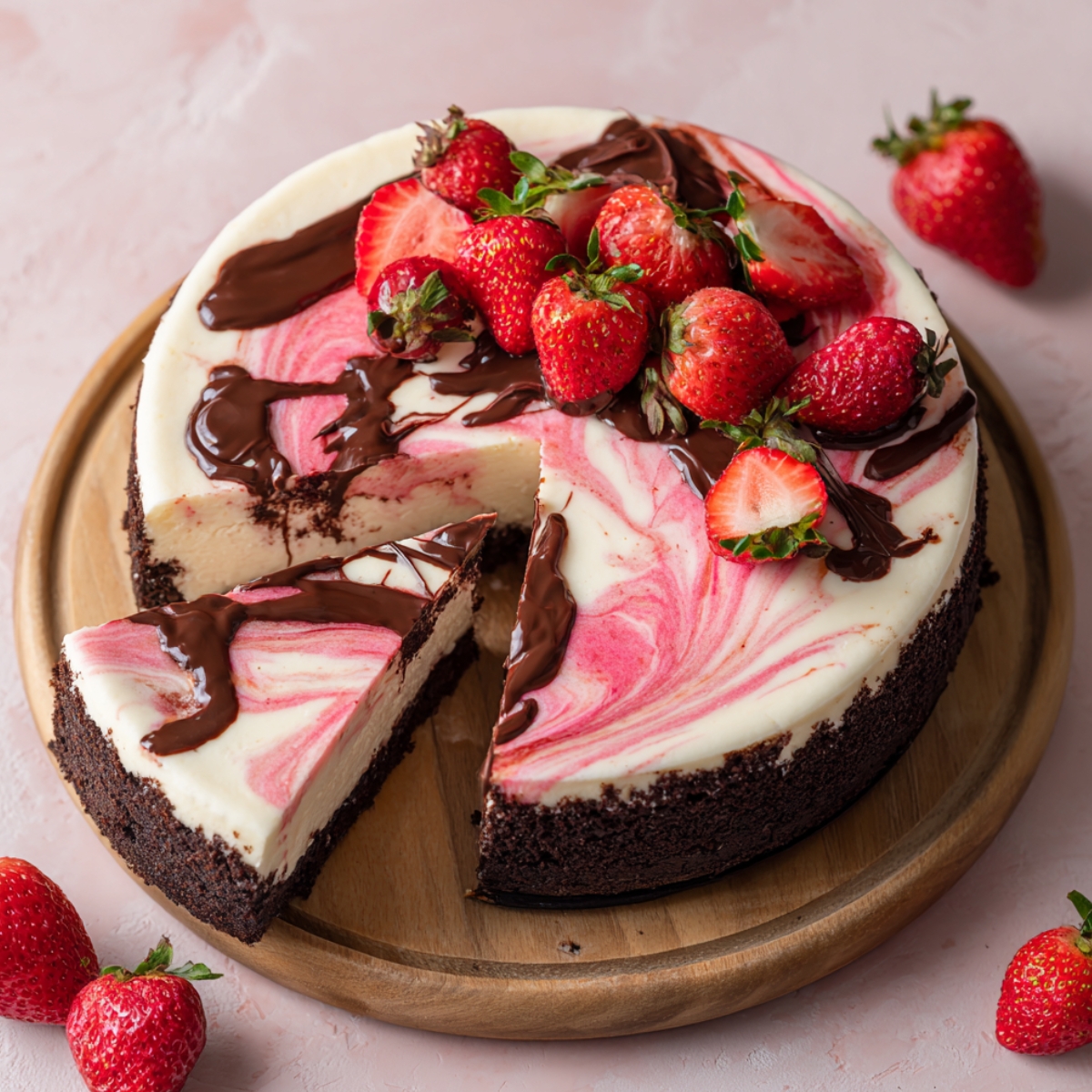 A sliced Chocolate and Strawberry Swirl Cheesecake with a chocolate cookie crust, pink strawberry swirl filling, chocolate drizzle, and fresh strawberries on top, served on a wooden board.