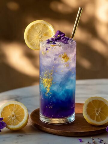 A tall glass mocktail with a stunning purple-to-blue ombre gradient, gold shimmer dust, and ice, garnished with a lemon slice, purple edible flowers, and a gold metal straw, served on a wooden coaster with halved lemons and violet flowers alongside.