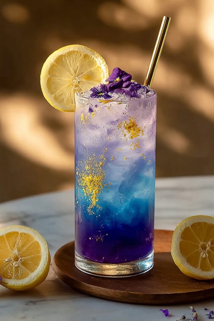 A tall glass mocktail with a stunning purple-to-blue ombre gradient, gold shimmer dust, and ice, garnished with a lemon slice, purple edible flowers, and a gold metal straw, served on a wooden coaster with halved lemons and violet flowers alongside.