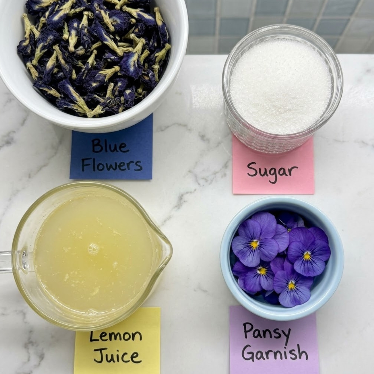 Flat lay of dried butterfly pea flowers, fresh lemon juice, granulated sugar, and purple pansies with handwritten labels on a marble counter.