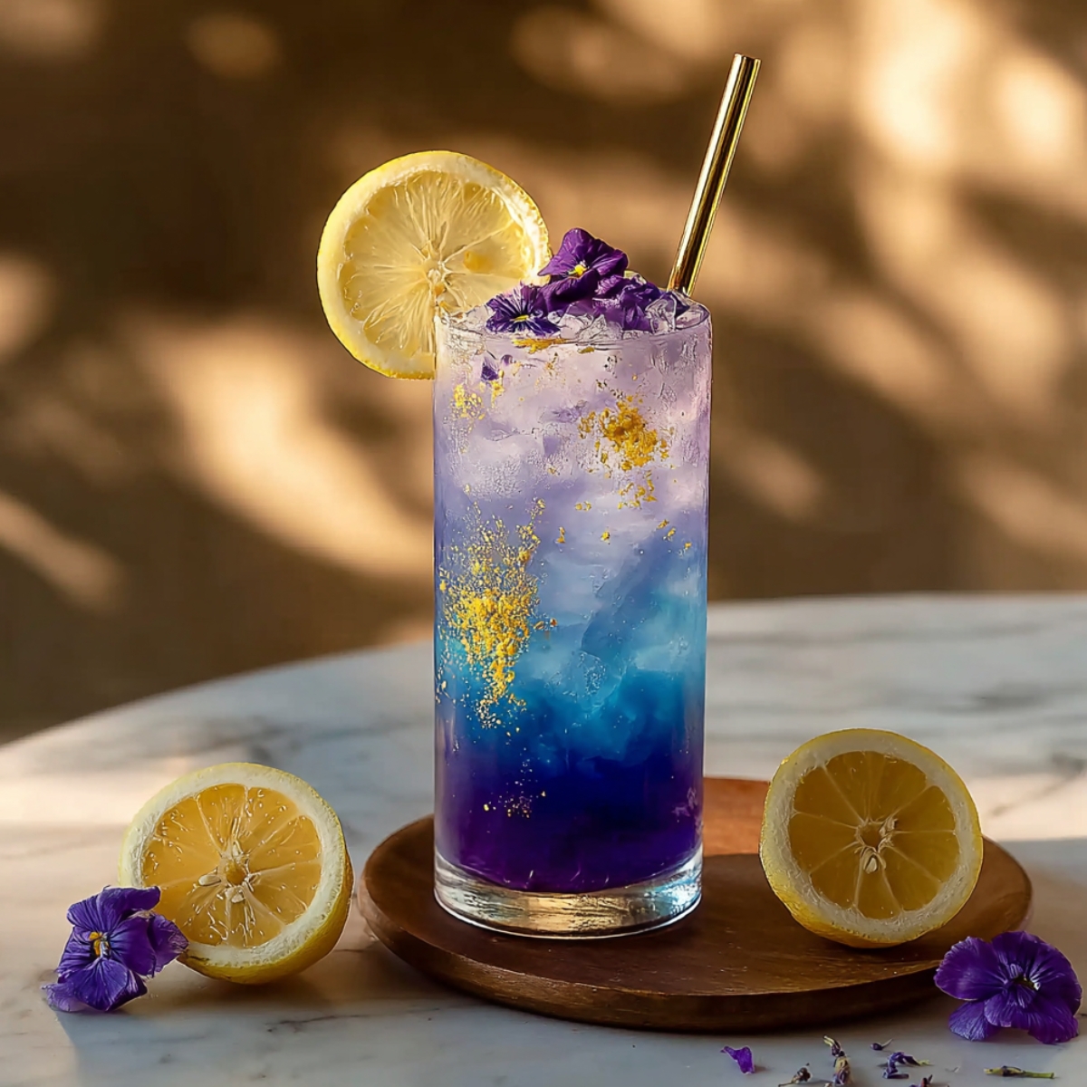 A tall glass mocktail with a stunning purple-to-blue ombre gradient, gold shimmer dust, and ice, garnished with a lemon slice, purple edible flowers, and a gold metal straw, served on a wooden coaster with halved lemons and violet flowers alongside.