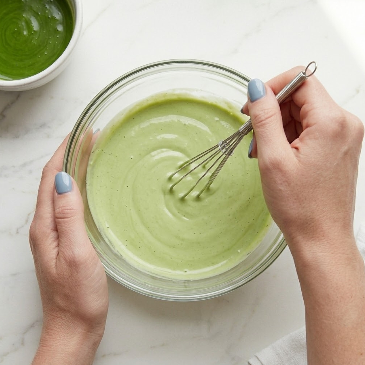 A detailed shot illustrating the process of whisking the matcha liquid into the yogurt and milk base for a perfectly smooth color.