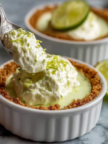 Close-up of a white ribbed ramekin with a golden graham cracker crust lining the edges, filled with a pale green key lime filling and topped with a fluffy cottage cheese whipped cream garnished with fresh lime zest, with a silver spoon lifting a creamy bite above the bowl, a halved lime beside it, and a second blurred ramekin with lime slices visible in the background on a gray surface.