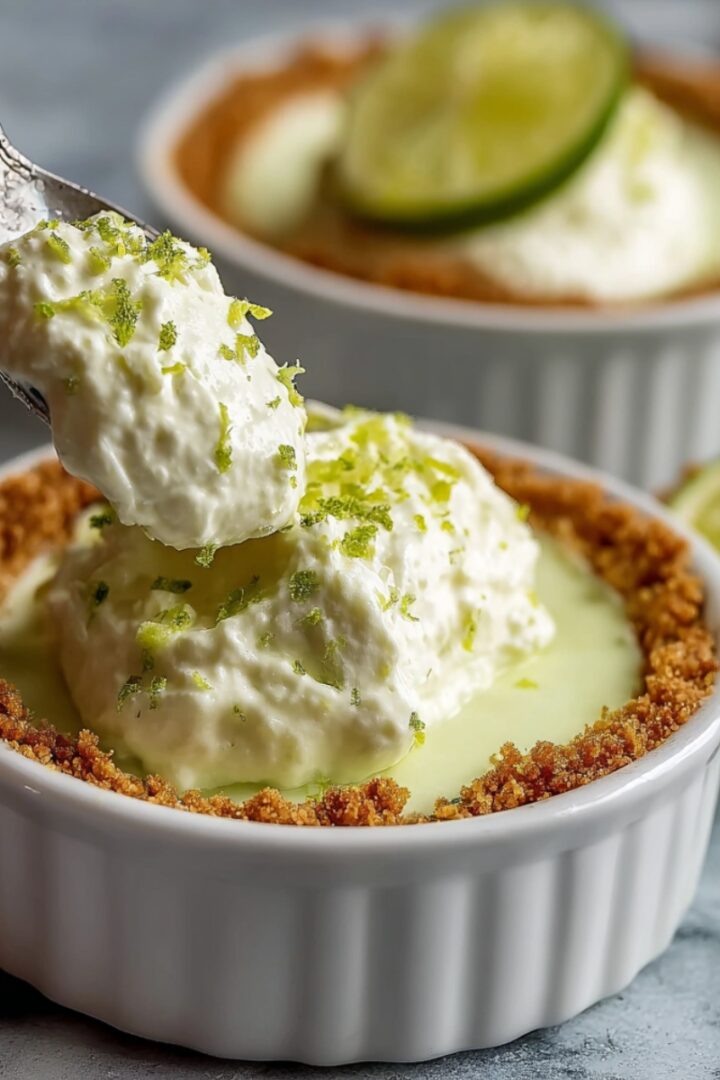Close-up of a white ribbed ramekin with a golden graham cracker crust lining the edges, filled with a pale green key lime filling and topped with a fluffy cottage cheese whipped cream garnished with fresh lime zest, with a silver spoon lifting a creamy bite above the bowl, a halved lime beside it, and a second blurred ramekin with lime slices visible in the background on a gray surface.