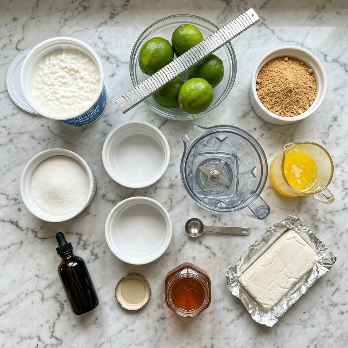A neat flat-lay photograph of all raw ingredients needed for the recipe, spread across a textured grey and marble surface. It includes a container of full-fat cottage cheese, fresh limes, graham cracker crumbs, melted butter, cream cheese, honey, vanilla extract, granulated sugar, two empty white ramekins, a high-powered blender, and a microplane, all illuminated by soft natural daylight.
