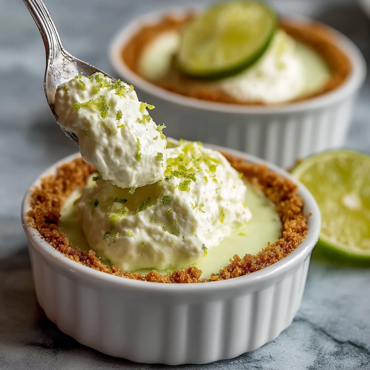 Close-up of a white ribbed ramekin with a golden graham cracker crust lining the edges, filled with a pale green key lime filling and topped with a fluffy cottage cheese whipped cream garnished with fresh lime zest, with a silver spoon lifting a creamy bite above the bowl, a halved lime beside it, and a second blurred ramekin with lime slices visible in the background on a gray surface.