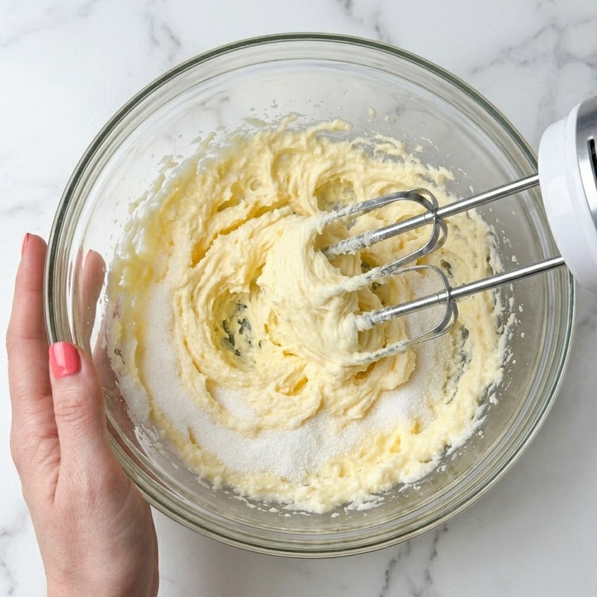 Extreme close-up of hands with coral nails using a hand mixer to cream butter and sugar.