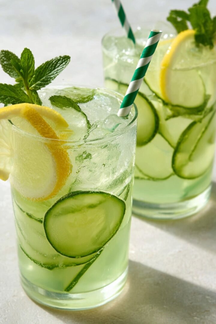 Two clear glass tumblers filled with refreshing pale green cucumber lemon mint infused water, packed with ice and thin cucumber slices, each garnished with a lemon wheel on the rim, a fresh mint sprig, and a green and white striped paper straw, set on a light gray surface with soft natural shadows.