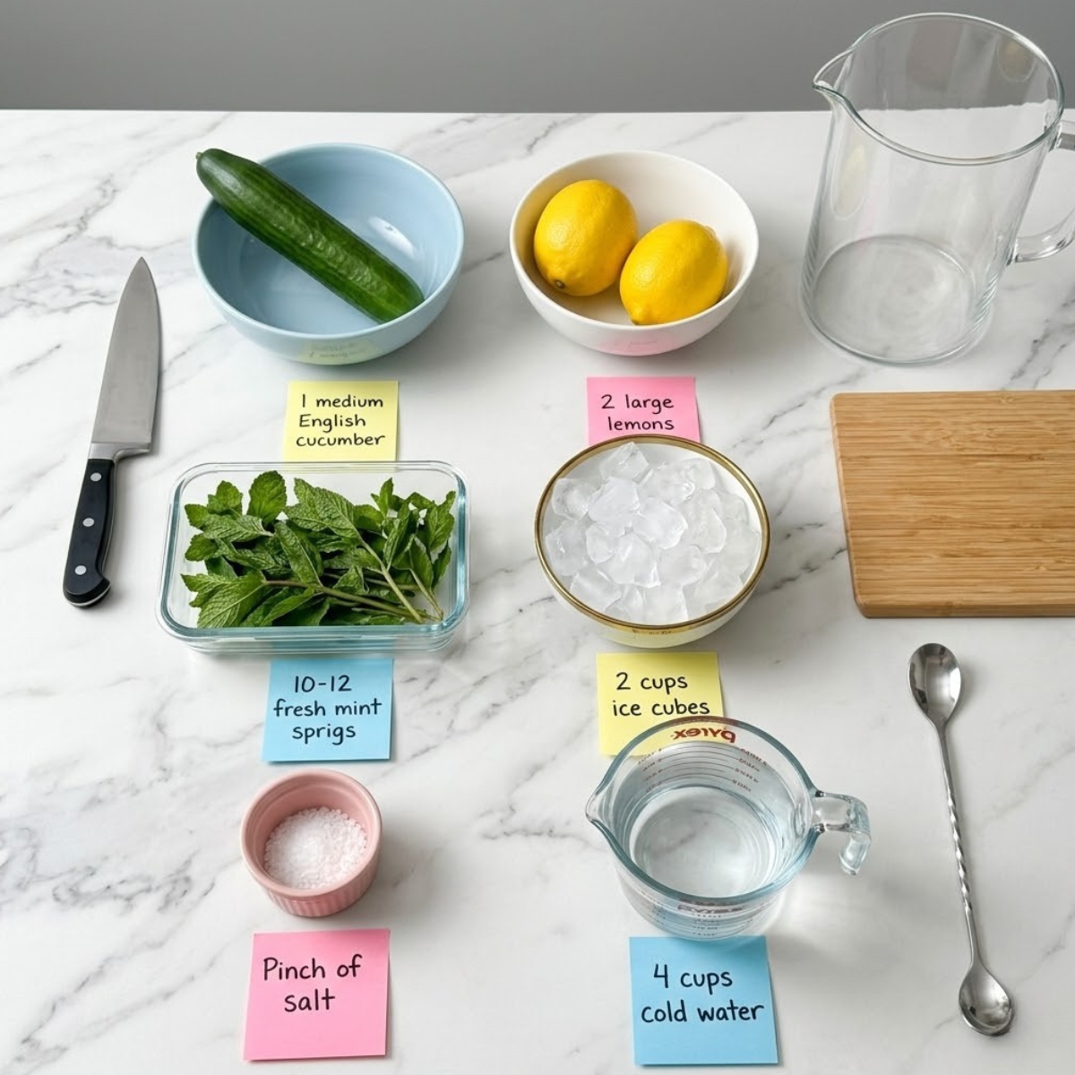 Overhead flat lay view of infused water ingredients including a cucumber, lemons, and mint sprigs organized in colorful bowls with handwritten sticky notes on a marble kitchen counter.