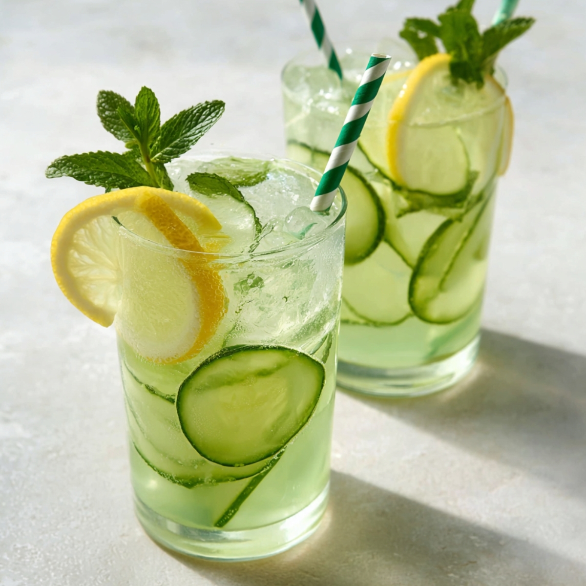Two clear glass tumblers filled with refreshing pale green cucumber lemon mint infused water, packed with ice and thin cucumber slices, each garnished with a lemon wheel on the rim, a fresh mint sprig, and a green and white striped paper straw, set on a light gray surface with soft natural shadows.