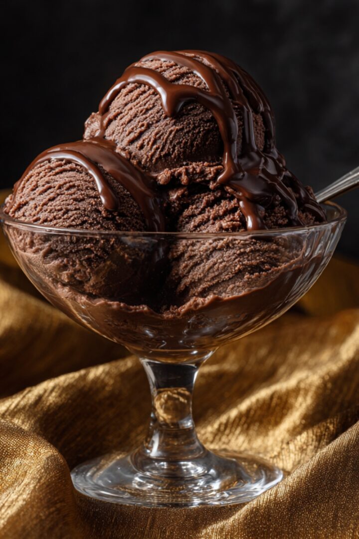 Three scoops of rich dark chocolate sorbet in a glass dessert coupe, drizzled with chocolate sauce and served with a vintage silver spoon, on a luxurious gold satin fabric against a dark background.