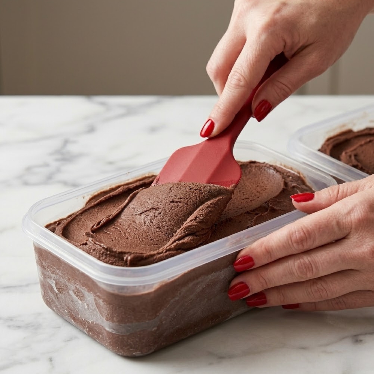 Close up view of a woman's hands with classic red nails using a rubber spatula to smooth freshly churned, thick chocolate sorbet into a freezer container on a marble counter.