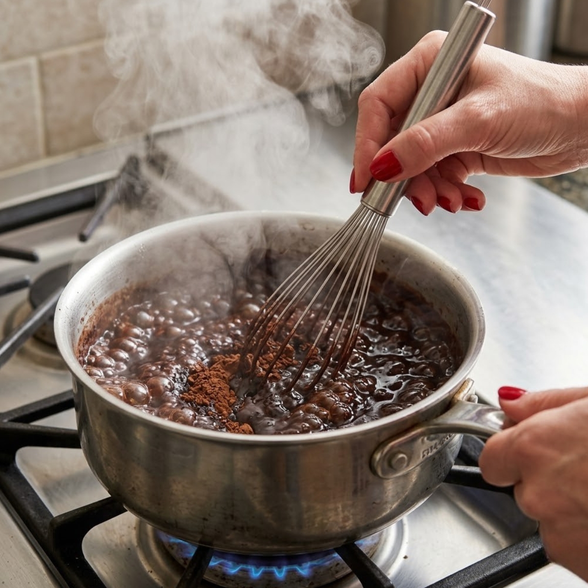 Close up view of a woman's hands with classic red nails whisking dark cocoa powder into a boiling hot sugar syrup in a saucepan on a gas stovetop with aggressive steam.