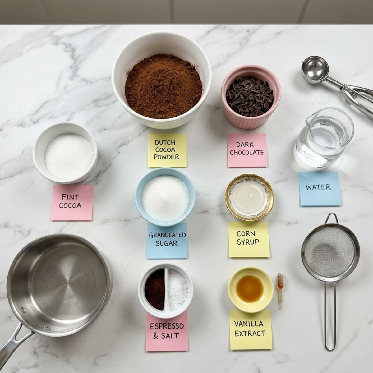 Overhead flat lay view of chocolate sorbet ingredients including cocoa powder and chopped dark chocolate organized in colorful bowls with handwritten sticky notes on a marble kitchen counter.