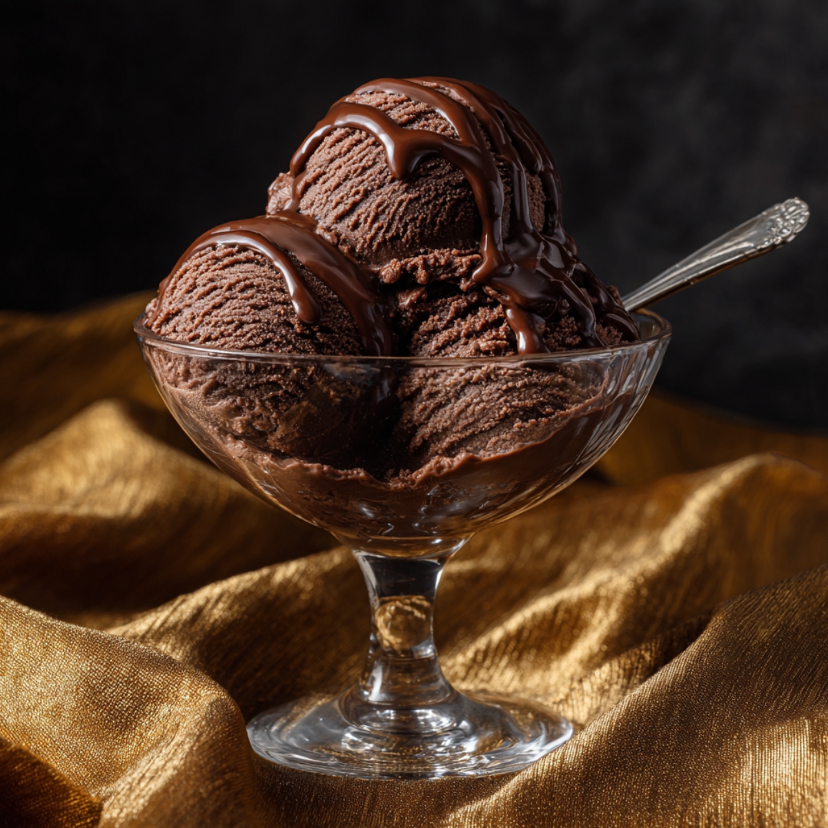 Three scoops of rich dark chocolate sorbet in a glass dessert coupe, drizzled with chocolate sauce and served with a vintage silver spoon, on a luxurious gold satin fabric against a dark background.