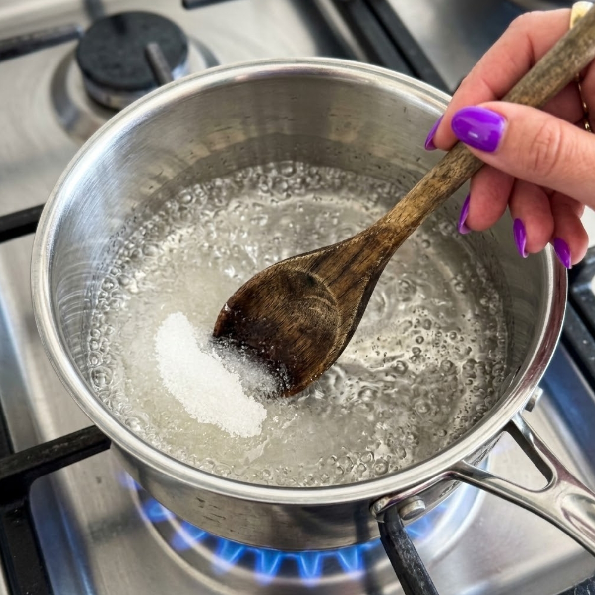 Extreme close-up of hands with violet nails stirring dissolving sugar water in a saucepan over a gas stove flame.