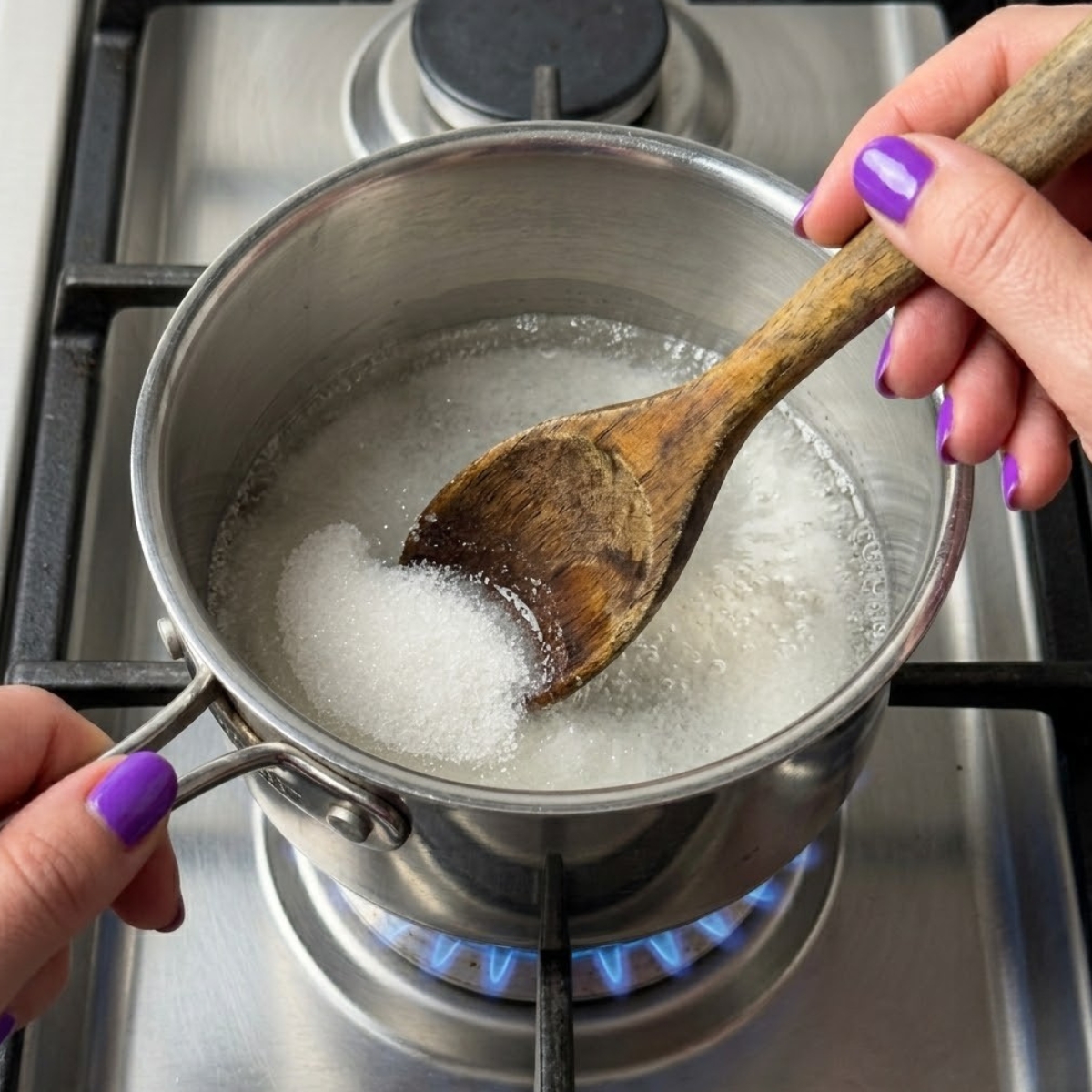 Extreme close-up of hands with violet nails stirring dissolving sugar water in a saucepan over a gas stove flame.