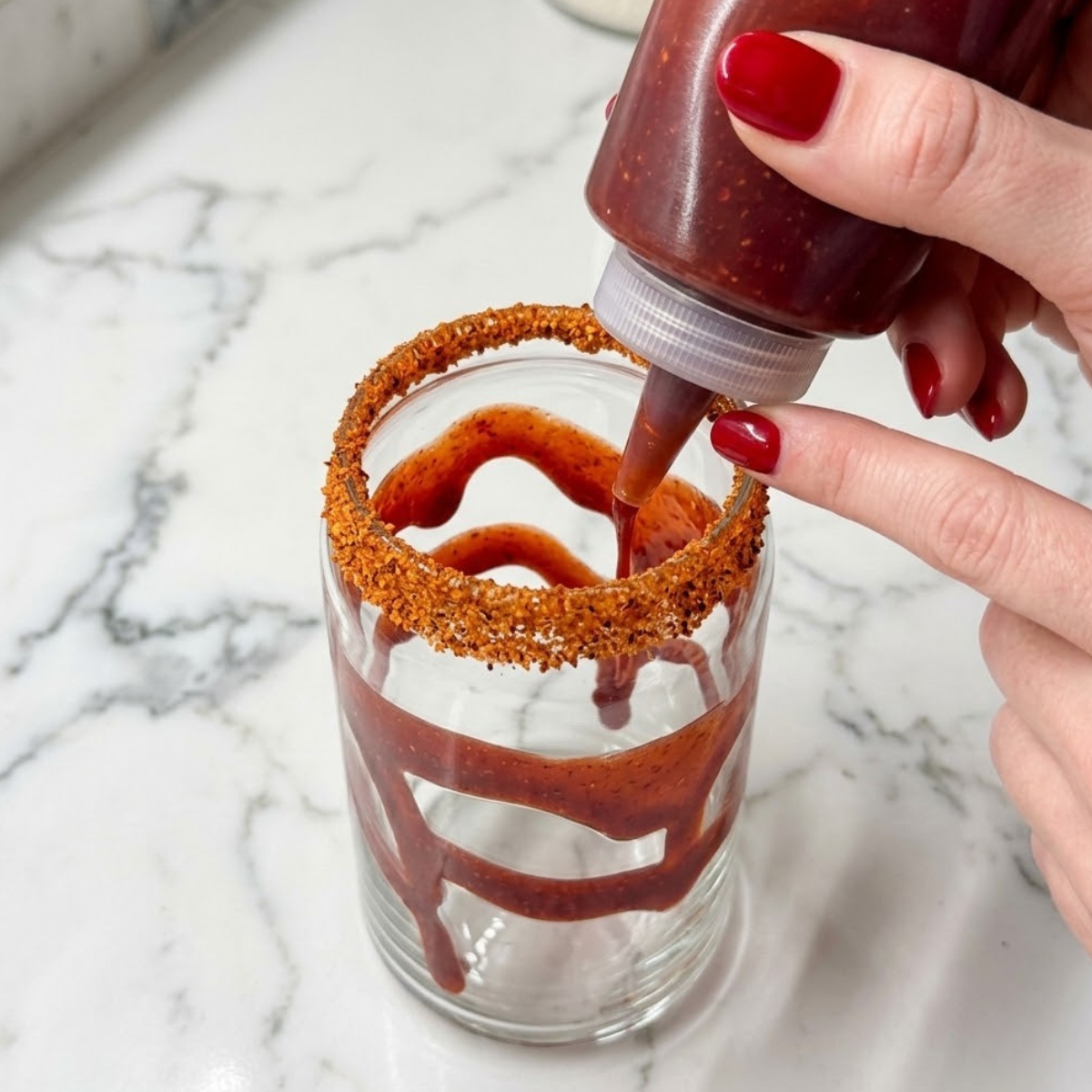 Extreme close-up of hands with red nails drizzling thick chamoy sauce onto the inside walls of a chili-rimmed glass.