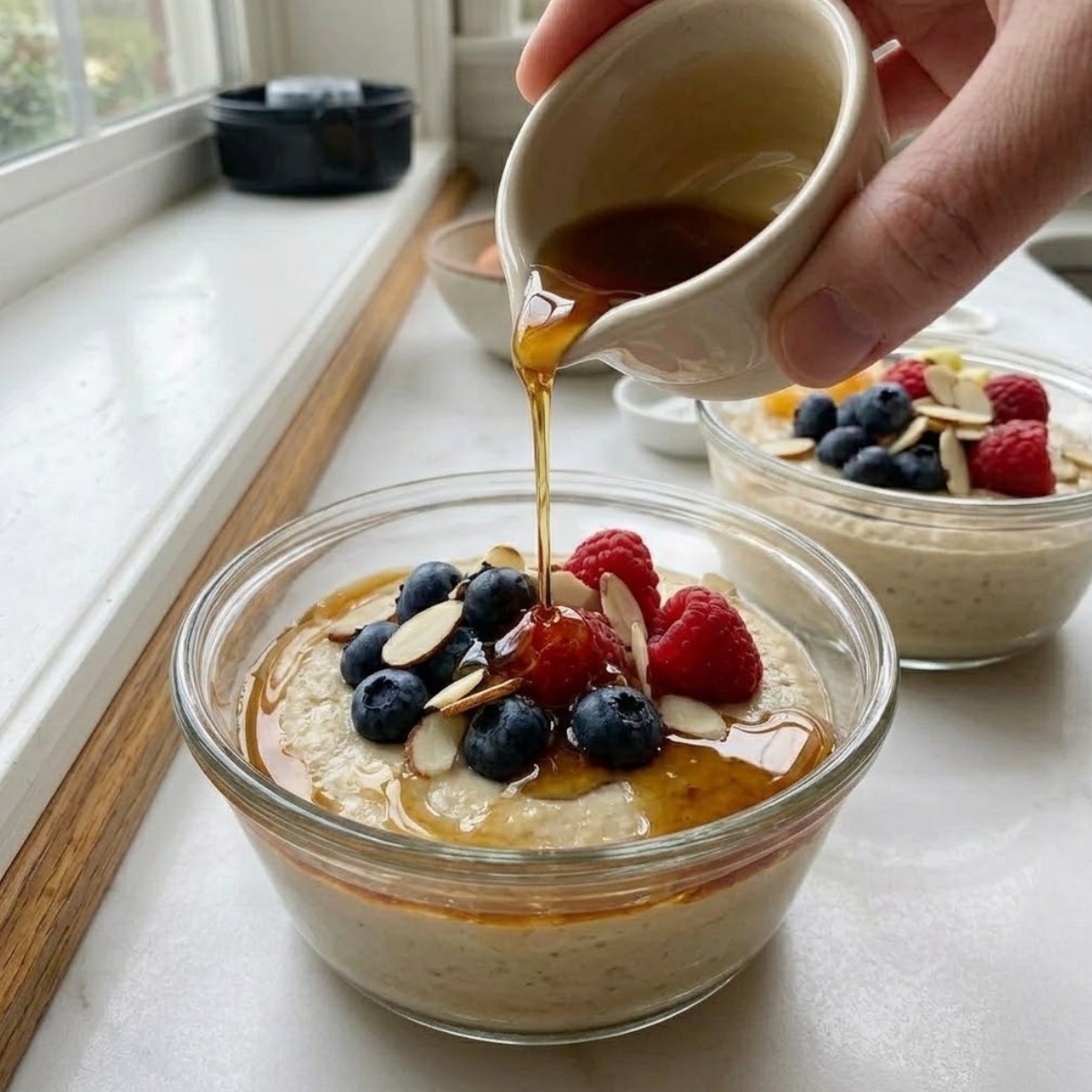 A detailed square close-up photograph, matching the soft side daylight of image_41.png, captures a hand pouring a controlled stream of amber-gold maple syrup (from a small pitcher like the one in image_41.png) into a freshly baked protein pancake bowl (referenced from image_40.png and image_2.png). The syrup pools distinctly in the natural crevices and inner edges of the mounded toppings, exactly as described. The textured golden crust and toppings (established in image_40.png) contrast with the liquid syrup. The setting on the grey wooden windowsill is slightly out of focus.