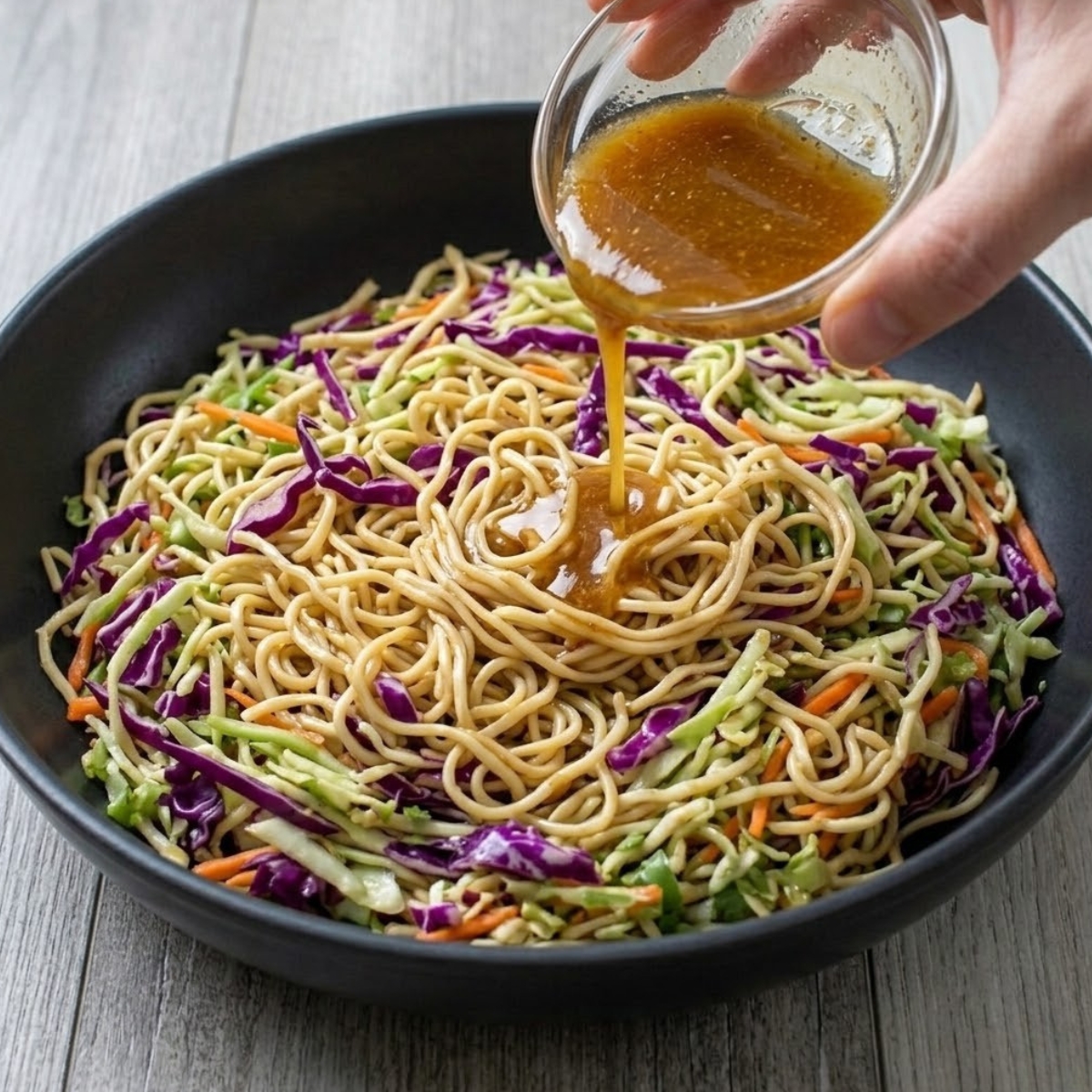 A close-up shot focusing on the large black ceramic bowl from image_21.png, now filled with the tangled mix of ramen noodles, purple cabbage shreds, and shredded green broccoli slaw. A hand enters the frame, holding the small glass dressing bowl and is pouring the glossy, complex sesame dressing in a slow, thick stream over the noodles. Natural daylight highlights the forming glossy coating on the noodles, exactly as shown in image_21.png.