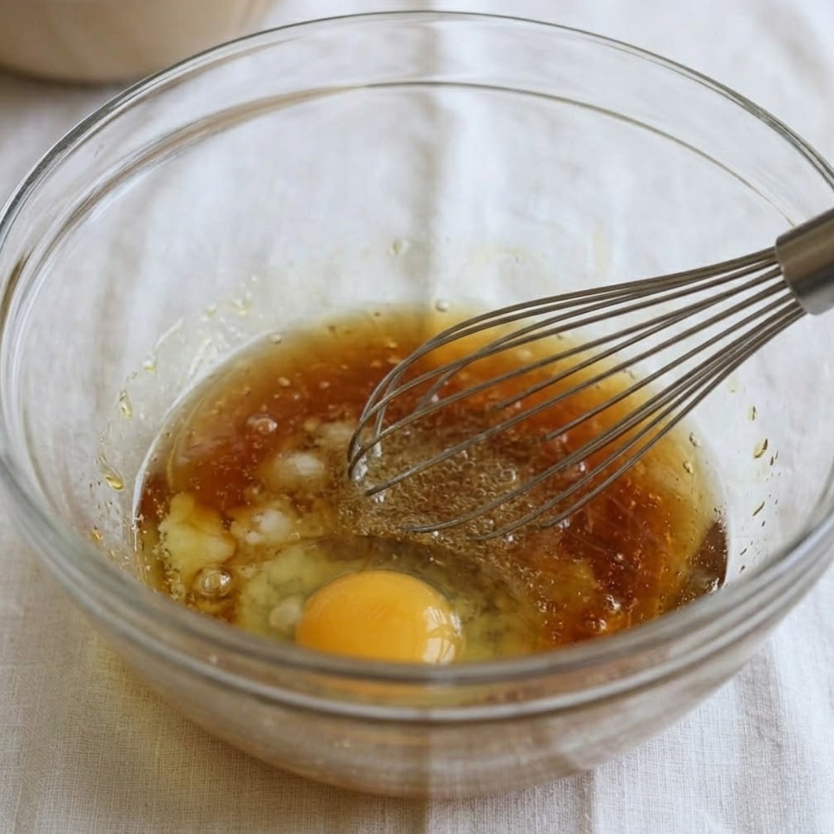 A medium-shot of a clear glass bowl containing a glossy, translucent mixture of melted coconut oil, maple syrup, egg, and vanilla extract being whisked.