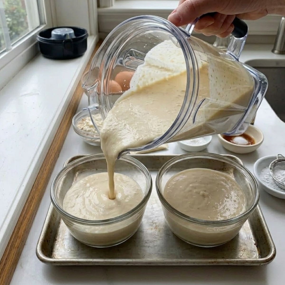 A square close-up photograph, matching the soft natural daylight of image_41.png, captures a hand holding the blender pitcher (referenced from image_1.png) and pouring a smooth, pale tan batter (consistency from image_1.png) into a 5-6 inch oven-safe glass bowl (referenced from image_40.png). The bowl sits on the grey wooden windowsill established in image_1.png. The stream of batter is thick, and the fill level approaches two-thirds full, following the instruction. The background counter and other ingredients are in a soft focus.