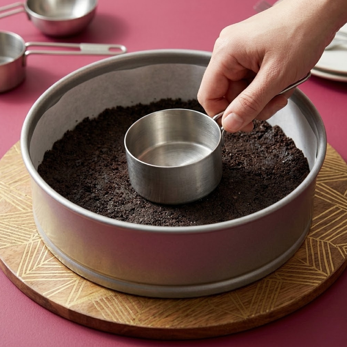 A close-up view of a hand using the flat bottom of a glass measuring cup to firmly press a mixture of dark Oreo cookie crumbs and melted butter into the base of a parchment-lined 9-inch springform pan, set on the gold wooden board from image_20.png.