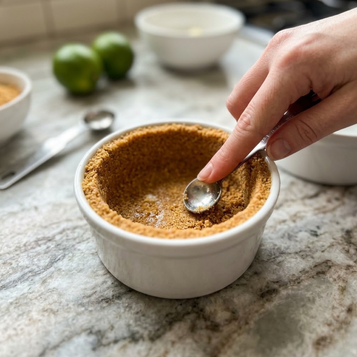 A close-up photograph capturing a hand using the back of a small metal measuring spoon to firmly press a moistened graham cracker crumb mixture into the base and up the inner walls of a white ramekin. The textured grey surface from image_1.png is in the background.