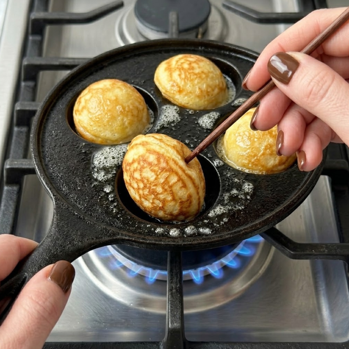 Tight zoom of hands with brown nails using a wooden skewer to flip a mini golden pancake sphere inside a hot aebleskiver pan over a gas flame.