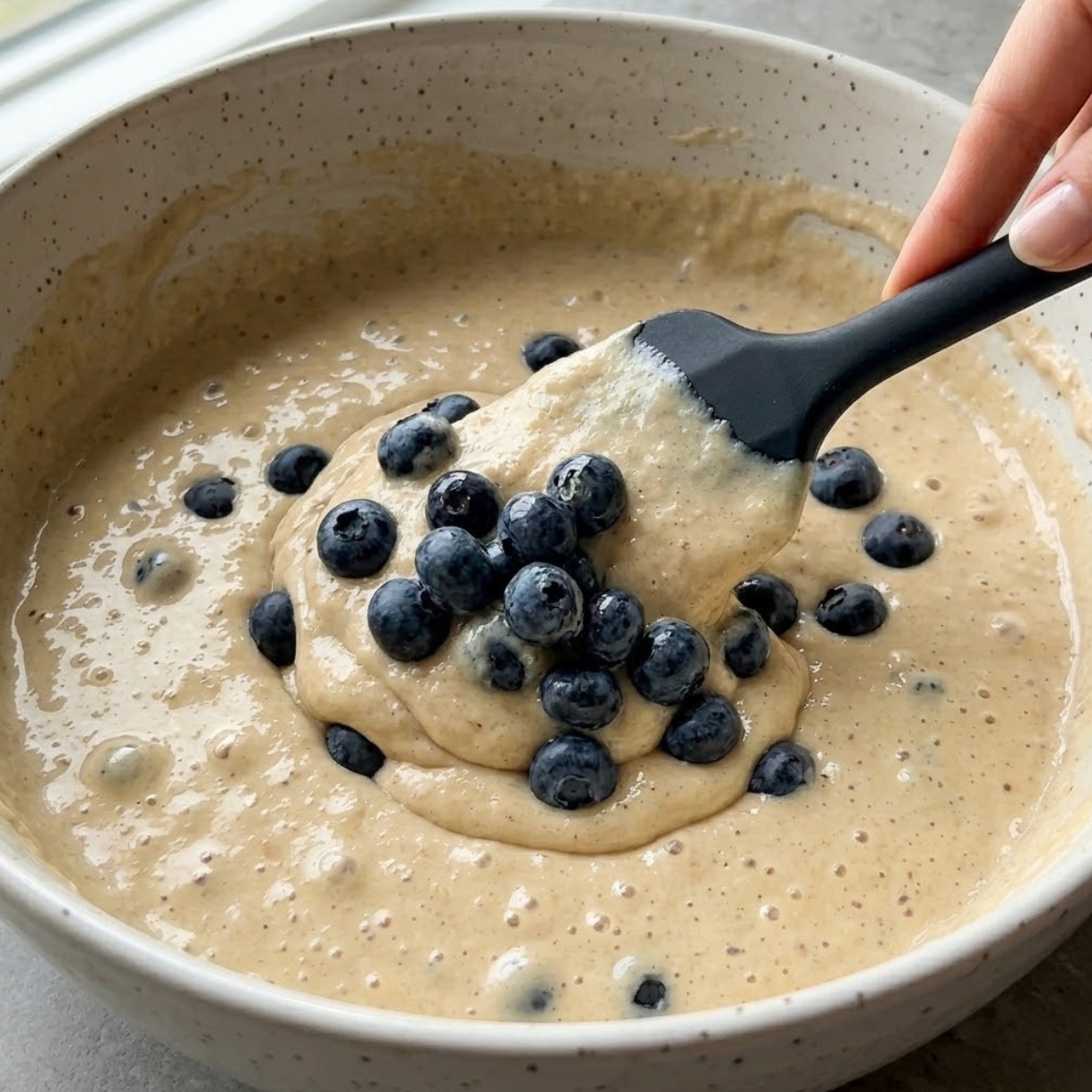 A medium close-up view looking into a large ceramic mixing bowl. A hand uses a wide silicone spatula to fold fresh blueberries (ingredient referenced from image_27.png) gently into the thick, aerated oat flour and protein powder batter, which has rested and shows small bubbles.
