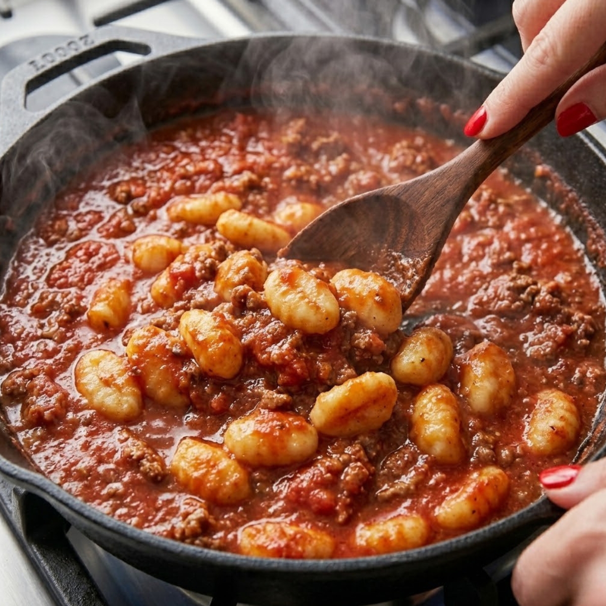 Tight zoom of hands with red nails stirring gnocchi into a bubbling red meat sauce.