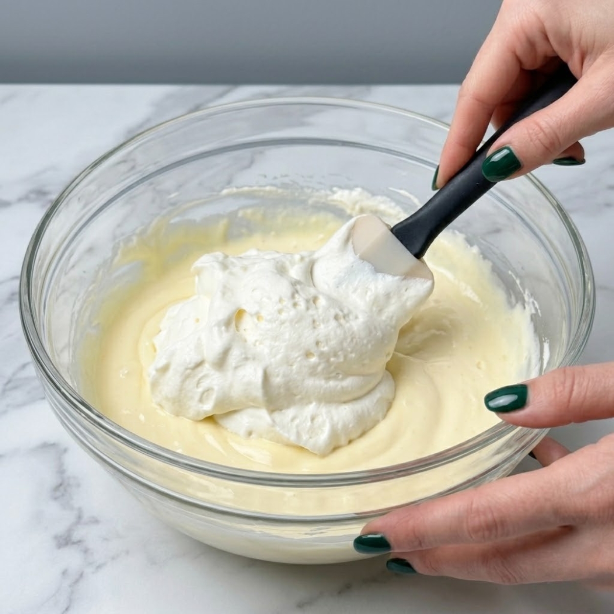 Close up view of a woman's hands with dark emerald green nails using a rubber spatula to fold fluffy whipped cream into a smooth mascarpone base in a mixing bowl.