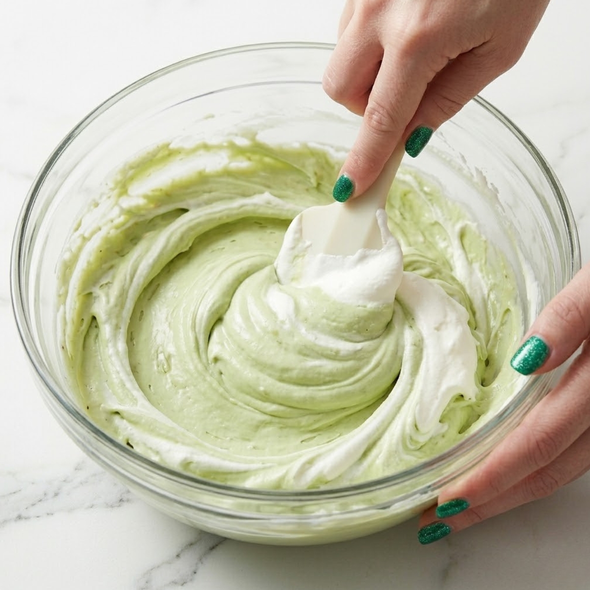 Tight zoom of hands with green nails folding whipped cream into a pale green pistachio cheese mixture.