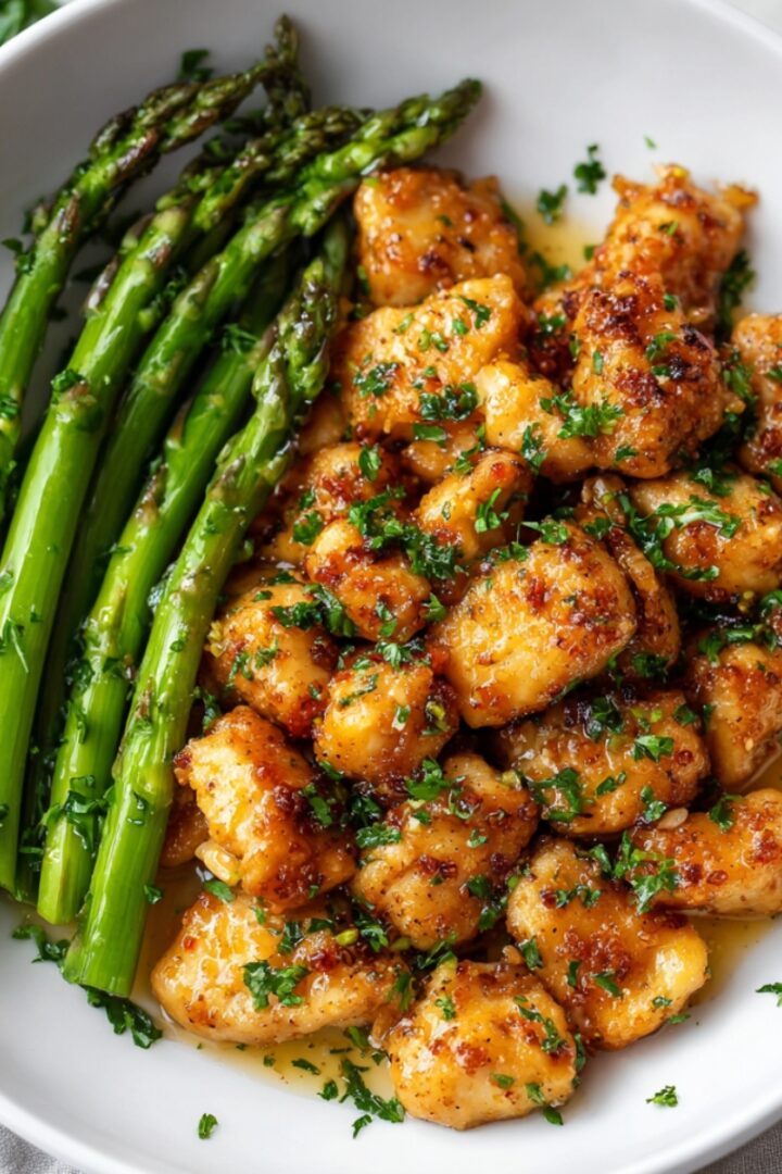 A white bowl of Garlic Butter Chicken bites with sautéed asparagus, coated in a golden garlic butter sauce and garnished with fresh chopped parsley.