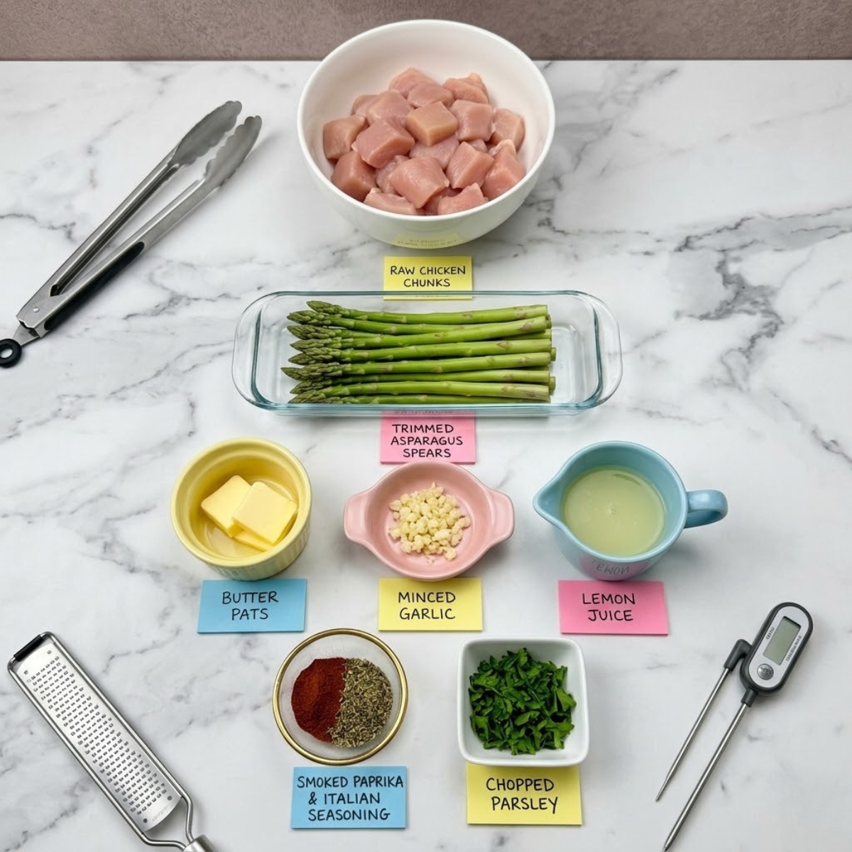 Overhead flat lay view of garlic butter chicken and asparagus ingredients organized in colorful bowls with handwritten sticky notes on a marble kitchen counter.