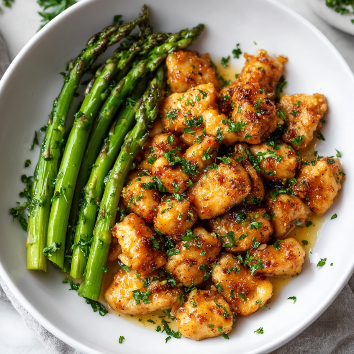 A white bowl of Garlic Butter Chicken bites with sautéed asparagus, coated in a golden garlic butter sauce and garnished with fresh chopped parsley.